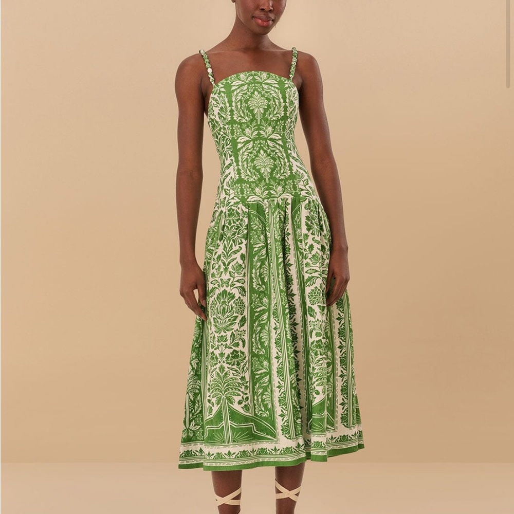 NWT Farm Rio Green Linen tapestry Dress